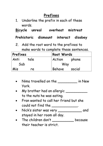 Prefixes worksheet