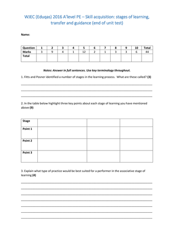 WJEC (Eduqas) 2016 A'level PE - Skill acquisition - Stages of learning, transfer and guidance test