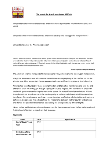 Gaining and Losing an Empire: 1763-1914 The Loss of the American Colonies 1770 - 1783 Overview/Revis