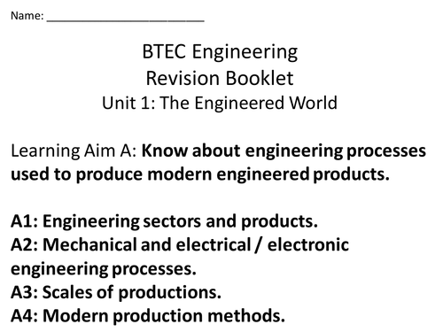 BTEC Engineering Revision booklet Unit 1 Learning Aim A | Teaching ...