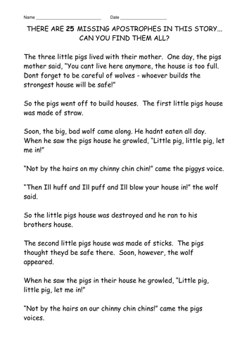 Missing apostrophes activity _ 3 Little Pigs _ possession, omission
