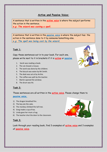 KS2- Active and Passive Voice activity sheet (3 different tasks)