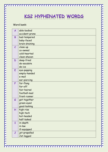 Hyphens Word Bank Of Hyphenated Words Ks2 Grammar And Writing