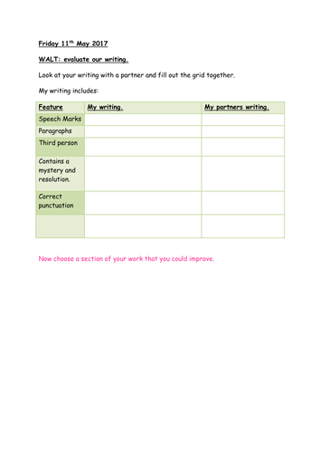 Self and peer evaluating sheets KS2 Literacy - Years 3/4