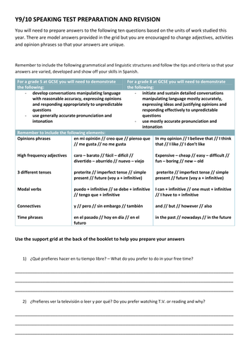 KS4 //GCSE SPANISH SPEAKING PREP - MODEL ANSWERS WITH FRAME - TECH ...