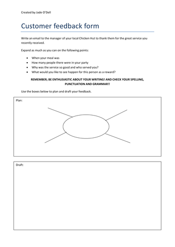 Entry Level 3 Functional Skills English writing practise- customer feedback form