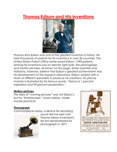 Thomas Edison and His Inventions worksheet | Teaching Resources