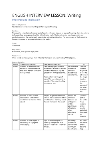 INTERVIEW LESSON PLAN: Writing 2 Inference and implication