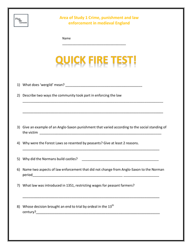 Quick Fire Test - Edexcel 9-1 Crime, punishment & law enforcement in medieval England (c1000-1500)