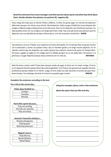 FREE KS4 GCSE SPANISH AQA - SPORTS // DEPORTES - EXAM STYLE QUESTIONS