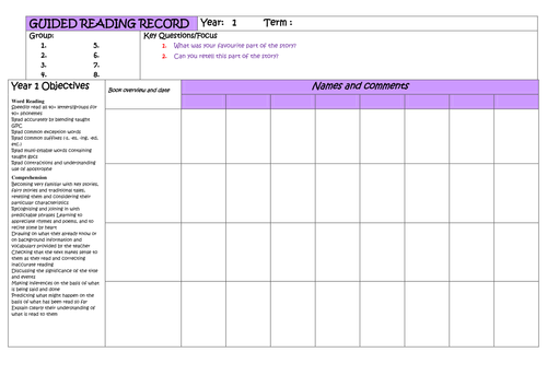Year 1 Guided Reading Planner