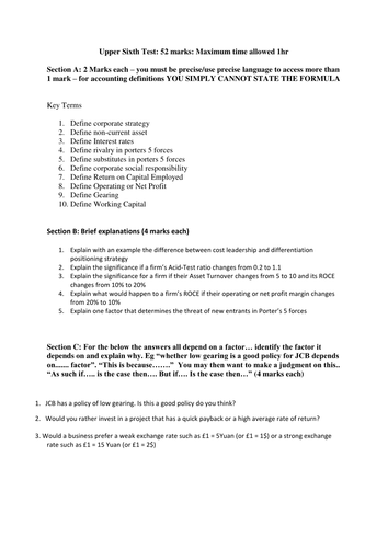 AQA A level Business Year 2 60min test