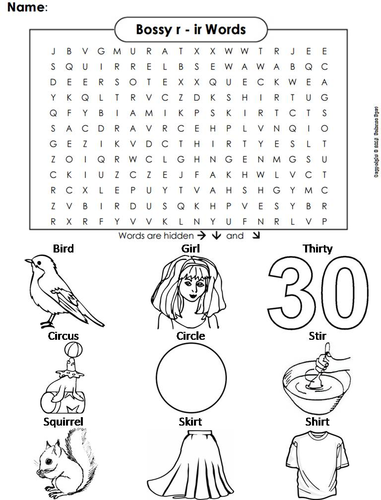 Bossy r - ir Words Word Search