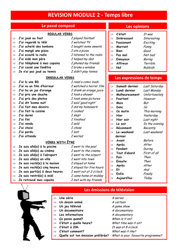 year 8 french module 2 temps libre revision booklet teaching