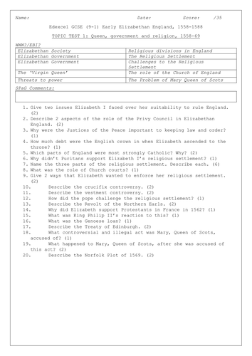 Topic Test for Edexcel 9-1 Elizabethan England Unit 1