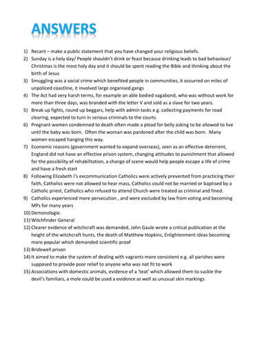 Quick Fire Test - Edexcel 9-1 Crime, punishment & law enforcement in early modern England, 1500-1700