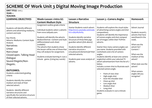SCHEME OF Work Unit 3 Digital Moving Image Production