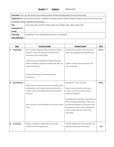 Body Parts (superhero theme) whole lesson and worksheets TEFL EFL ...