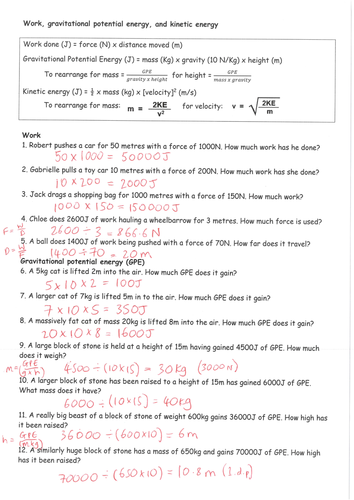 Work Energy Calculations Worksheet Answers