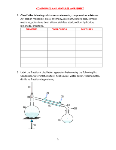COMPOUNDS AND MIXTURES WORKSHEET WITH ANSWERS