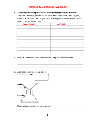 COMPOUND AND MIXTURE WORKSHEET WITH ANSWER