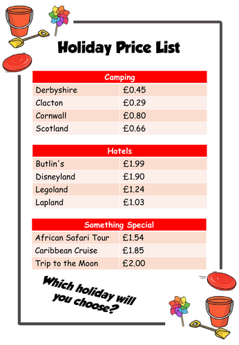 Holiday Price Lists