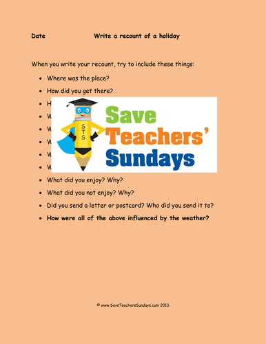 Holiday Recount Lesson Plan, Model Example and Prompt Questions