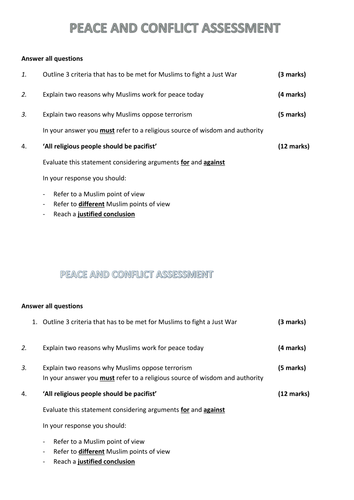 Edexcel 2016 Spec B GCSE Peace and Conflict Topic, End of Unit Assessment