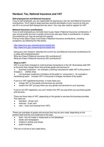 Tax, National Insurance, VAT Assessment Lesson | Teaching Resources