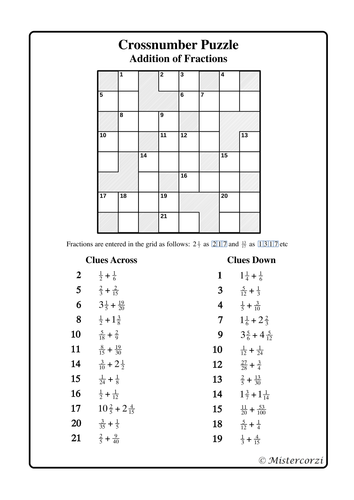 Crossnumber Puzzle: Addition of Fractions | Teaching Resources