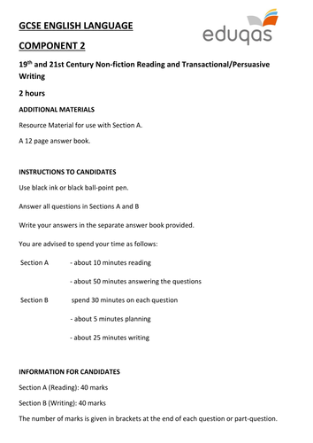 Eduqas GCSE English Language - Component 2 - Practice Examination Paper (Reading and Writing -