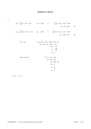 Arithmetic Sequence / Series Worksheet | Teaching Resources