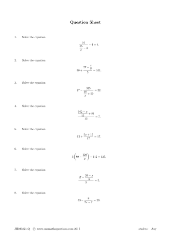 Linear Equation One Variable Equation Question Worksheets | Teaching
