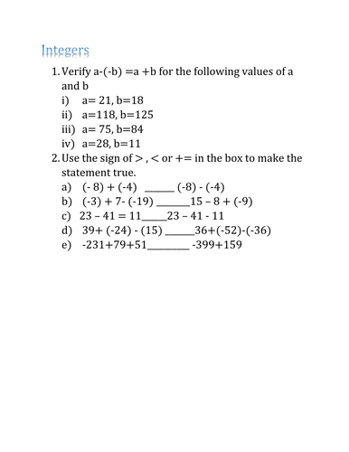 KS2 KS3 Integers WORKSHEET