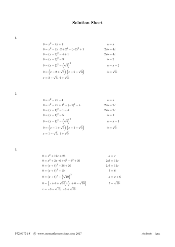 Quadratic Equation Questions By Completing the Square Worksheet