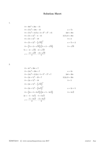 Quadratic Equation Questions By Completing the Square Worksheet