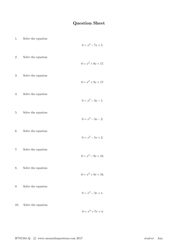 Quadratic Equation Questions By Completing the Square Worksheet