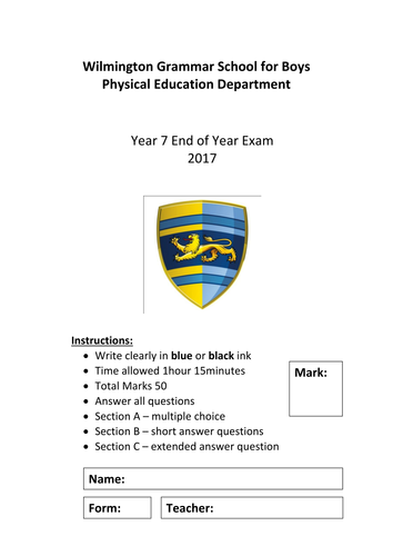Year 7 Physical Education Theory End of Year Exam | Teaching Resources