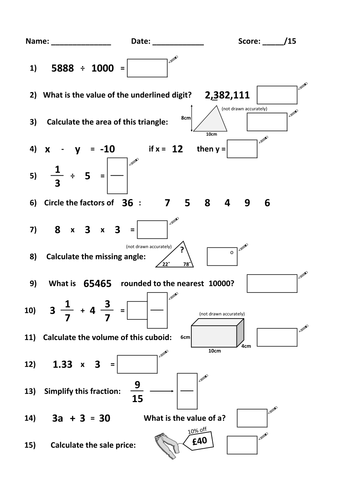 year 6 mental arithmetic tests teaching resources