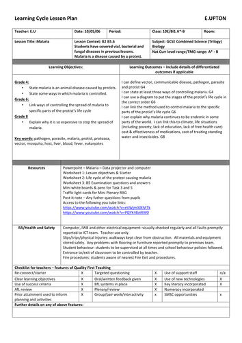 AQA Trilogy Biology Protists Malaria | Teaching Resources