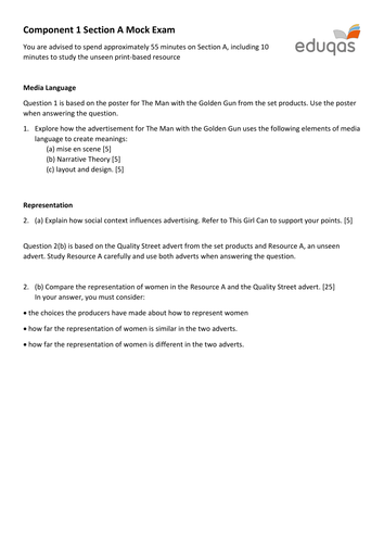 Eduqas GCSE Media (9-1) Component 1 Section A Mock with Mark Scheme