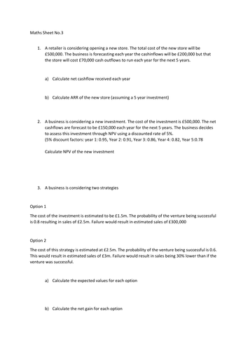 3 x Business Maths Sheets Quick Calcs