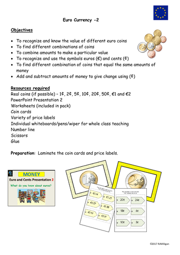 money euros and cents presentation lesson plans worksheets