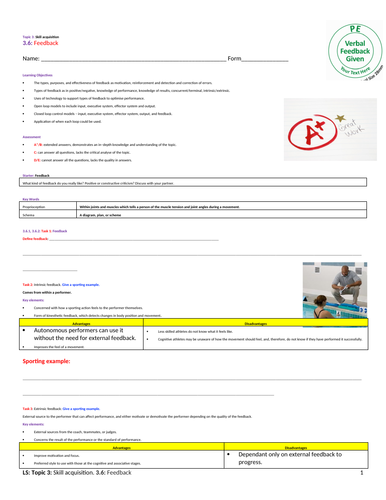 A-Level PE EDEXCEL (spec 2016) 3.6. Feedback