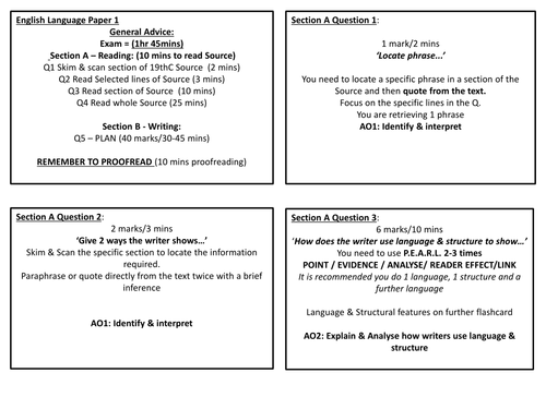 Pearson Edexce GCSE English Languagel Paper 1 Revision Flash Cards ...