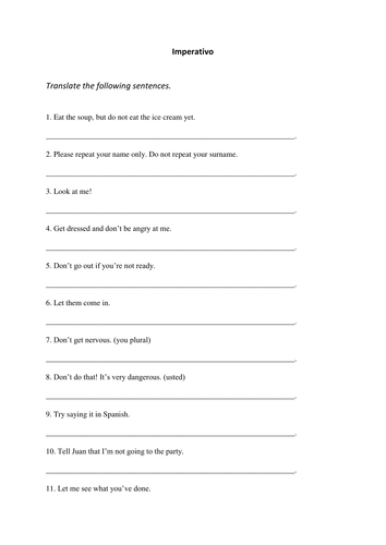 Spanish Imperative Translation Exercise Homework Revision 