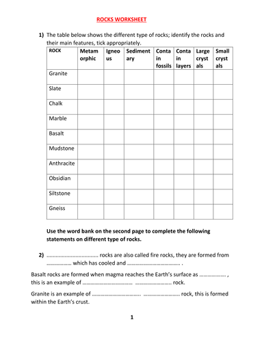 ROCKS WORKSHEET WITH ANSWERS