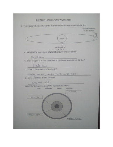 earth and beyond worksheet with answers teaching resources