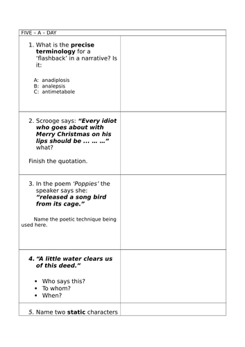 5 a day English Literature starters | Teaching Resources
