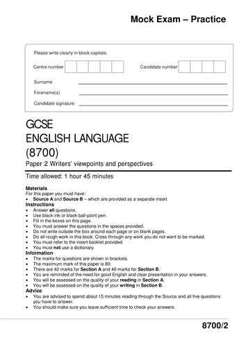 A Paper 2 Mock Exam for the new AQA 8700 spec. Comes with template so you can adapt!